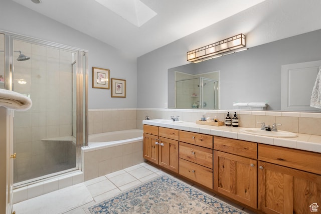 1692 E Kelmscott Ct S Unit C, Salt Lake City, UT 84124 - full bath featuring a skylight, lofted ceiling, a shower stall, tile patterned floors, and a bath
