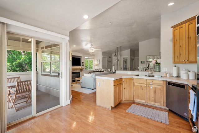 1692 E Kelmscott Ct S Unit C, Salt Lake City, UT 84124 - kitchen featuring stainless steel dishwasher, open floor plan, a peninsula, light wood-type flooring, and ceiling fan