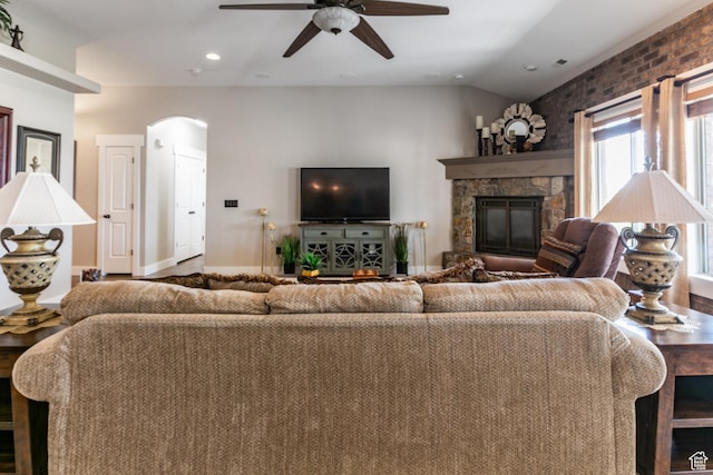 191 W Ranch Rd, Farmington, UT 84025 - living area with a fireplace, ceiling fan, arched walkways, recessed lighting, and vaulted ceiling
