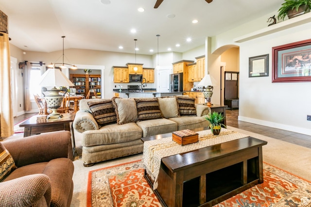 191 W Ranch Rd, Farmington, UT 84025 - living area with arched walkways, a ceiling fan, and recessed lighting