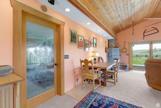 966 Mill Rd, Evanston, WY 82930 - dining area with carpet floors, recessed lighting, wooden ceiling, vaulted ceiling, and a fireplace