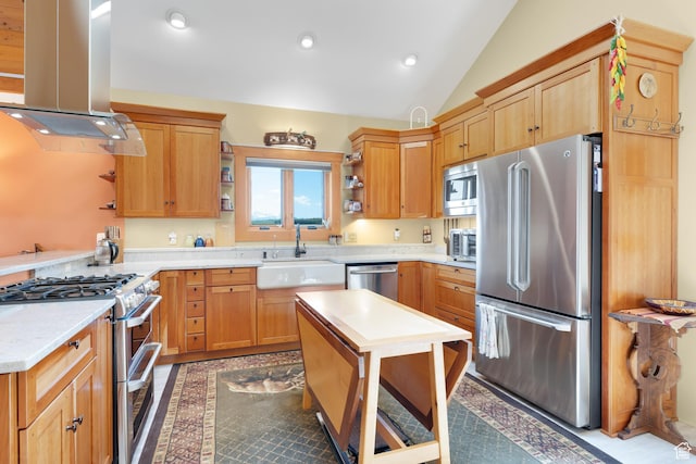966 Mill Rd, Evanston, WY 82930 - kitchen featuring stainless steel appliances, open shelves, island range hood, vaulted ceiling, and recessed lighting