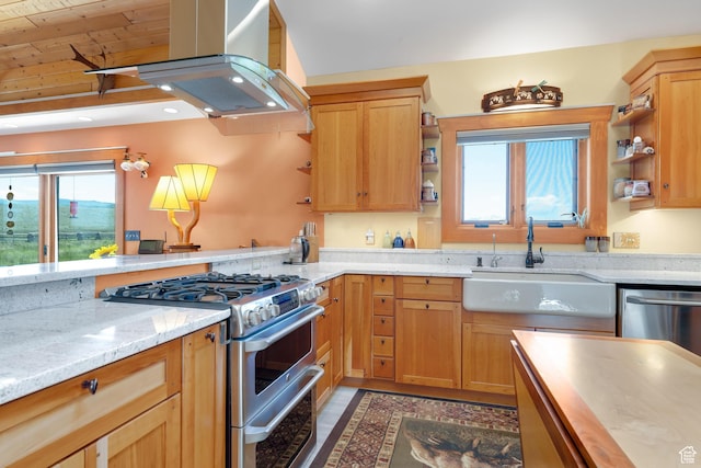 966 Mill Rd, Evanston, WY 82930 - kitchen with appliances with stainless steel finishes, island range hood, open shelves, light stone counters, and wood ceiling