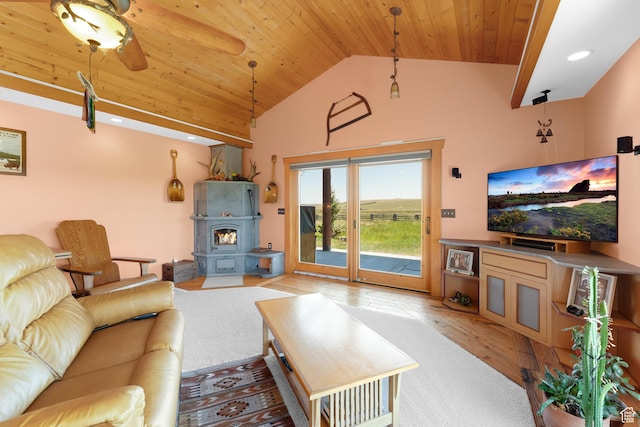 966 Mill Rd, Evanston, WY 82930 - living area with a wood stove, wood ceiling, wood finished floors, high vaulted ceiling, and recessed lighting