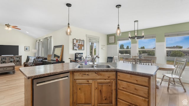 2201 W 1300 S, Lehi, UT 84043 - kitchen with stainless steel dishwasher, open floor plan, ceiling fan, light wood finished floors, and plenty of natural light