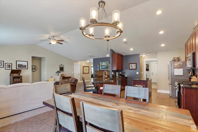 210 E 2150 N, North Ogden, UT 84414 - dining area with light tile patterned floors, vaulted ceiling, a chandelier, ceiling fan, and recessed lighting
