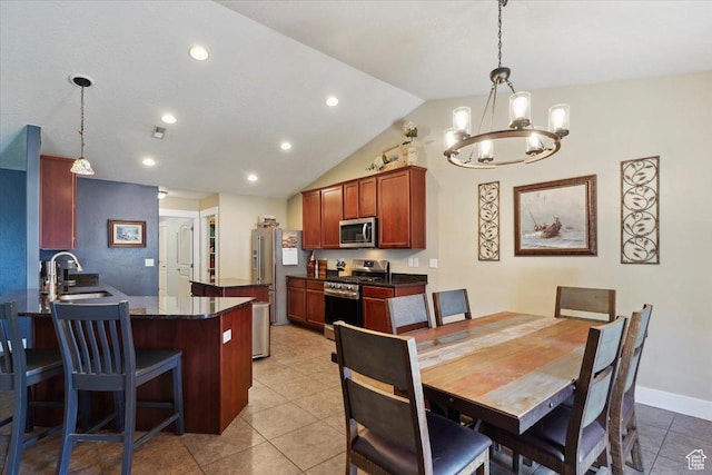 210 E 2150 N, North Ogden, UT 84414 - dining space with a chandelier, light tile patterned floors, lofted ceiling, and recessed lighting