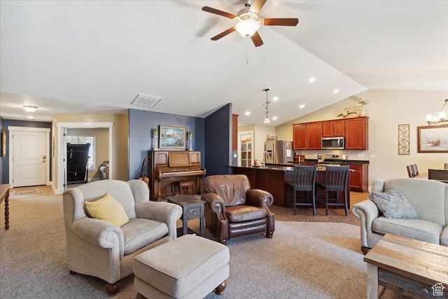 210 E 2150 N, North Ogden, UT 84414 - living room featuring light colored carpet, a ceiling fan, lofted ceiling, a chandelier, and recessed lighting