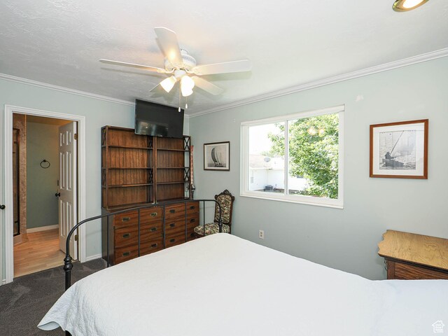 1402 E Valley Ridge Dr S, Sandy, UT 84093 - bedroom featuring carpet, ornamental molding, and a ceiling fan