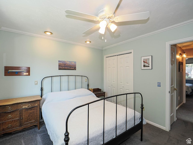 1402 E Valley Ridge Dr S, Sandy, UT 84093 - bedroom with carpet floors, a closet, crown molding, a ceiling fan, and recessed lighting
