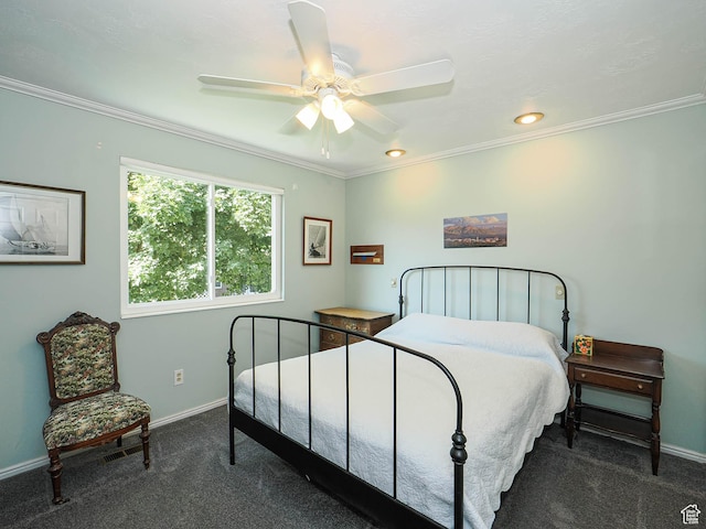 1402 E Valley Ridge Dr S, Sandy, UT 84093 - bedroom with dark colored carpet, ornamental molding, a ceiling fan, and recessed lighting