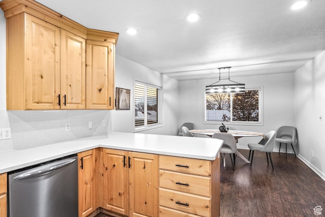 93 S 1250 E, Logan, UT 84321 - kitchen featuring stainless steel dishwasher, light brown cabinets, a peninsula, light countertops, and recessed lighting