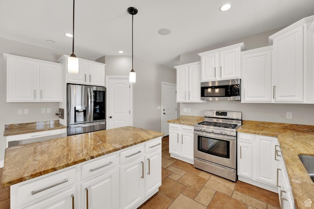 3179 W Hayden Ridge Way S, Riverton, UT 84065 - kitchen with stainless steel appliances, recessed lighting, stone tile flooring, and white cabinetry