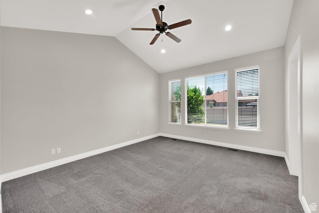3179 W Hayden Ridge Way S, Riverton, UT 84065 - empty room with a ceiling fan, vaulted ceiling, dark carpet, and recessed lighting