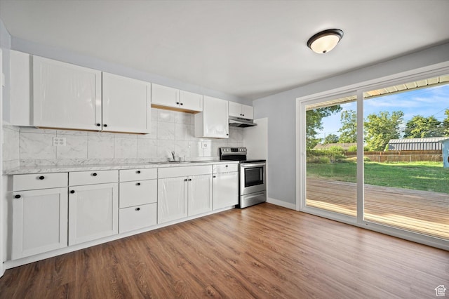 1302 E Harrop S, Ogden, UT 84404 - kitchen with stainless steel electric range, under cabinet range hood, wood finished floors, and backsplash