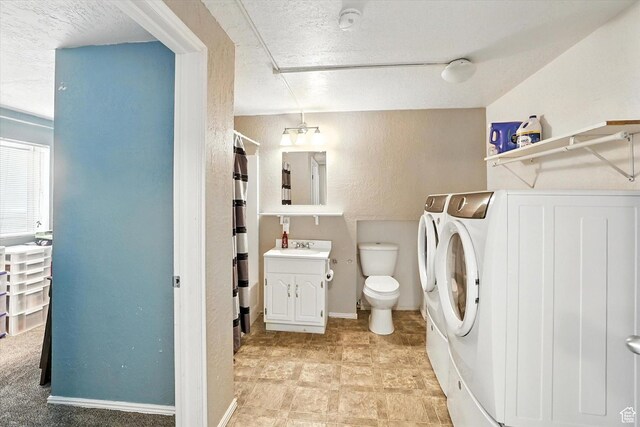 433 W 2425 N, Harrisville, UT 84414 - bathroom with washer and clothes dryer, curtained shower, vanity, a textured ceiling, and a textured wall