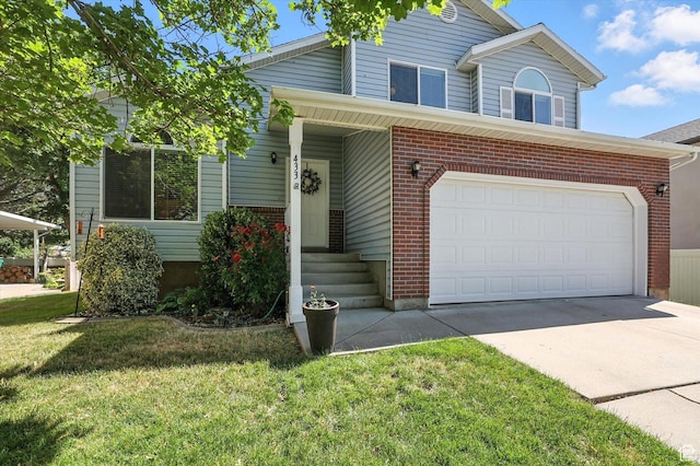 433 W 2425 N, Harrisville, UT 84414 - view of front facade with brick siding, driveway, a front lawn, and an attached garage