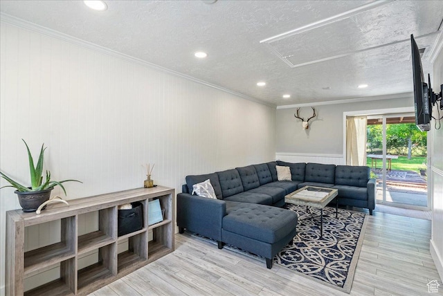 104 E 650 N, Bountiful, UT 84010 - living room featuring crown molding, a textured ceiling, recessed lighting, and wood finished floors