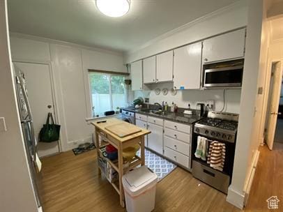 1309 E Hidden Creek Ct S, Holladay, UT 84117 - kitchen featuring appliances with stainless steel finishes, wood finished floors, ornamental molding, dark countertops, and white cabinetry