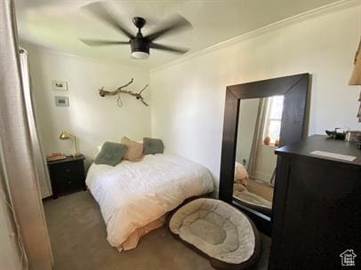 1309 E Hidden Creek Ct S, Holladay, UT 84117 - carpeted bedroom featuring ornamental molding and a ceiling fan