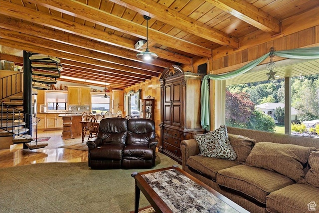 2391 Kays Creek Dr, Layton, UT 84040 - living area with stairway and a wooden ceiling with exposed beams