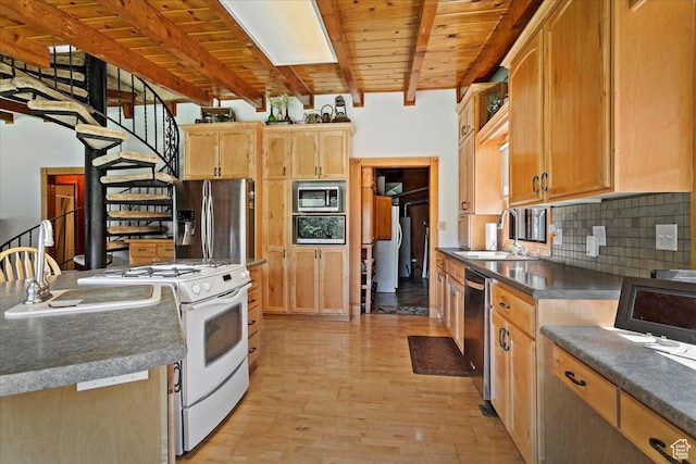 2391 Kays Creek Dr, Layton, UT 84040 - kitchen featuring appliances with stainless steel finishes, a wood ceiling with exposed beams, light wood finished floors, backsplash, and dark countertops