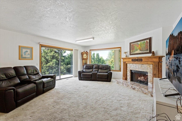 2391 Kays Creek Dr, Layton, UT 84040 - carpeted living room featuring a premium fireplace and a textured ceiling