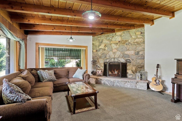 2391 Kays Creek Dr, Layton, UT 84040 - living area with a wooden ceiling with exposed beams, carpet floors, and a fireplace