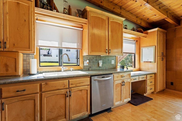 2391 Kays Creek Dr, Layton, UT 84040 - kitchen featuring dishwasher, a wooden ceiling with exposed beams, backsplash, light wood-style floors, and dark countertops