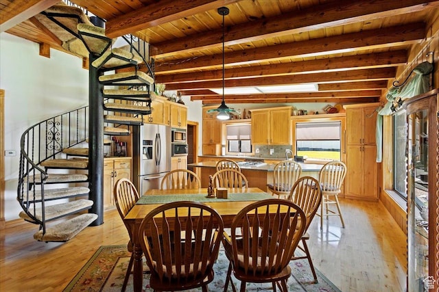 2391 Kays Creek Dr, Layton, UT 84040 - dining space featuring a wood ceiling with exposed beams, light wood-type flooring, and stairway