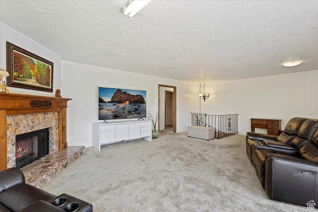 2391 Kays Creek Dr, Layton, UT 84040 - living area with carpet floors, a textured ceiling, and a stone fireplace