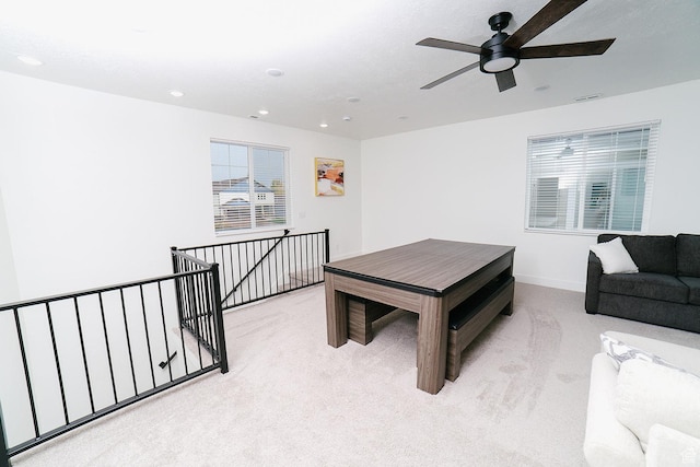 357 W Posies Dr, Garden City, UT 84028 - dining area featuring light colored carpet, a ceiling fan, and recessed lighting