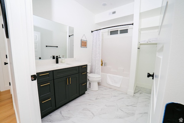 357 W Posies Dr, Garden City, UT 84028 - bathroom featuring vanity, shower / bathtub combination with curtain, and marble look tile flooring