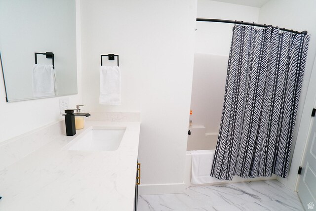 357 W Posies Dr, Garden City, UT 84028 - bathroom with vanity, marble finish flooring, and shower / bath combination with curtain
