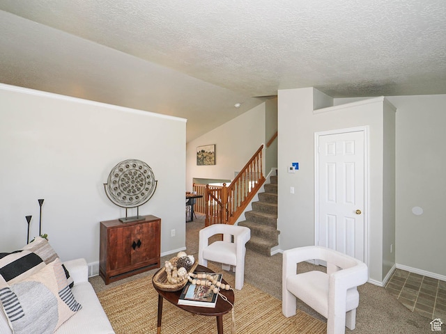 136 W 1980 S, Clearfield, UT 84015 - carpeted living area with stairway, vaulted ceiling, and a textured ceiling