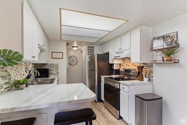 1175 E Canyon Rd Unit 83, Ogden, UT 84404 - kitchen featuring stainless steel appliances, under cabinet range hood, decorative backsplash, light wood finished floors, and white cabinets