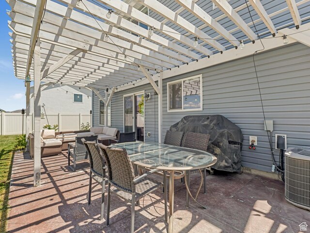 3187 N 3450 W, Plain City, UT 84404 - view of patio / terrace with an outdoor living space, a grill, a pergola, and outdoor dining area