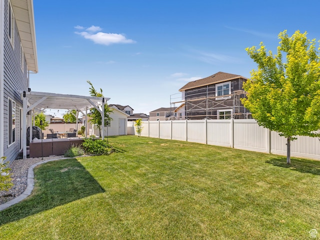3187 N 3450 W, Plain City, UT 84404 - fenced backyard with a storage shed, an outdoor living space, a pergola, and a residential view