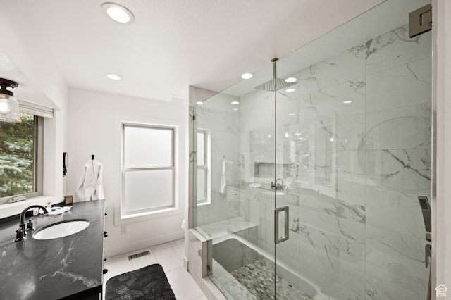1492 Meadow Rd, Snyderville, UT 84098 - full bath featuring a marble finish shower, vanity, and recessed lighting