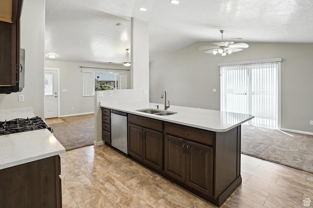452 E 875 N, Ogden, UT 84404 - kitchen featuring stainless steel dishwasher, a ceiling fan, dark brown cabinets, light countertops, and lofted ceiling