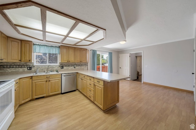 13155 S 3600 W, Riverton, UT 84065 - kitchen with dishwasher, a peninsula, white electric range oven, backsplash, and crown molding