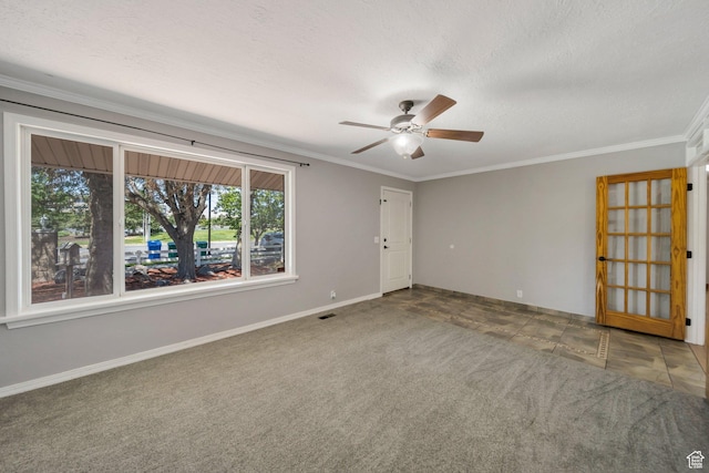 13155 S 3600 W, Riverton, UT 84065 - carpeted empty room with a ceiling fan, plenty of natural light, ornamental molding, and a textured ceiling