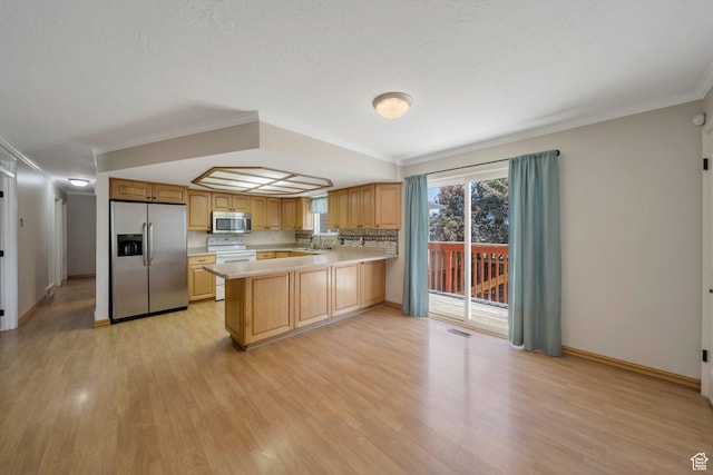 13155 S 3600 W, Riverton, UT 84065 - kitchen with appliances with stainless steel finishes, light countertops, light wood-type flooring, crown molding, and a peninsula