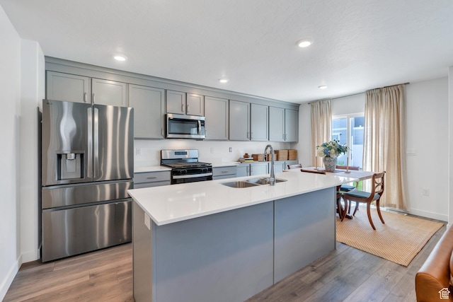 1127 W Hidden Spring Dr, Santaquin, UT 84655 - kitchen with stainless steel appliances, light wood-style floors, gray cabinetry, light countertops, and recessed lighting