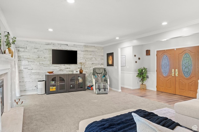 958 N Main St W, Farmington, UT 84025 - living room featuring recessed lighting, crown molding, carpet flooring, and an accent wall