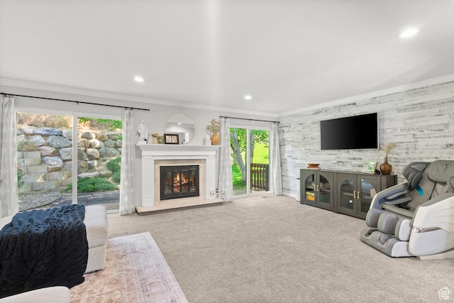 958 N Main St W, Farmington, UT 84025 - carpeted living room with ornamental molding, a glass covered fireplace, and recessed lighting