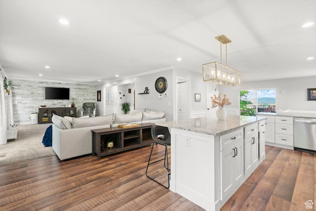 958 N Main St W, Farmington, UT 84025 - kitchen with dishwasher, recessed lighting, white cabinetry, open floor plan, and light stone counters