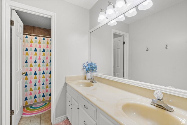958 N Main St W, Farmington, UT 84025 - bathroom with double vanity, tile patterned flooring, and a shower with shower curtain