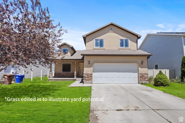 1919 E Church Way, Eagle Mountain, UT 84005 - traditional home featuring stone siding, a garage, concrete driveway, and stucco siding