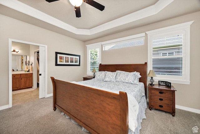 1065 W 2740 S, Nibley, UT 84321 - bedroom featuring light carpet, a raised ceiling, ornamental molding, connected bathroom, and ceiling fan